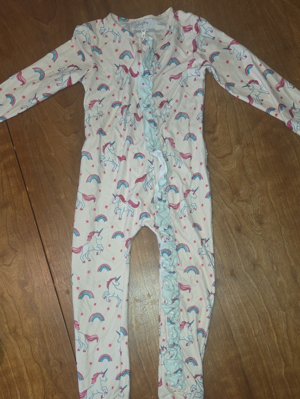 SweetHoney Unicorn Ruffle Footed One-Piece - White with Pink & Blue